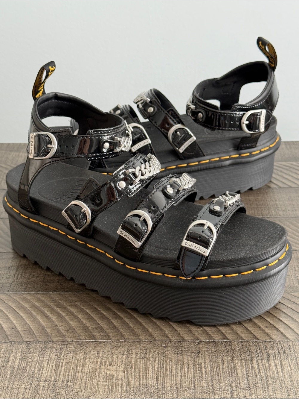Dr. Martens Blaire II Quad Chain Sandals Womens 11 Black Patent Leather Platform